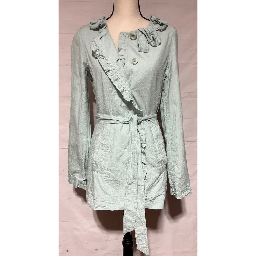 LAPIS sz M pale sea foam green button down ruffled jacket with belt